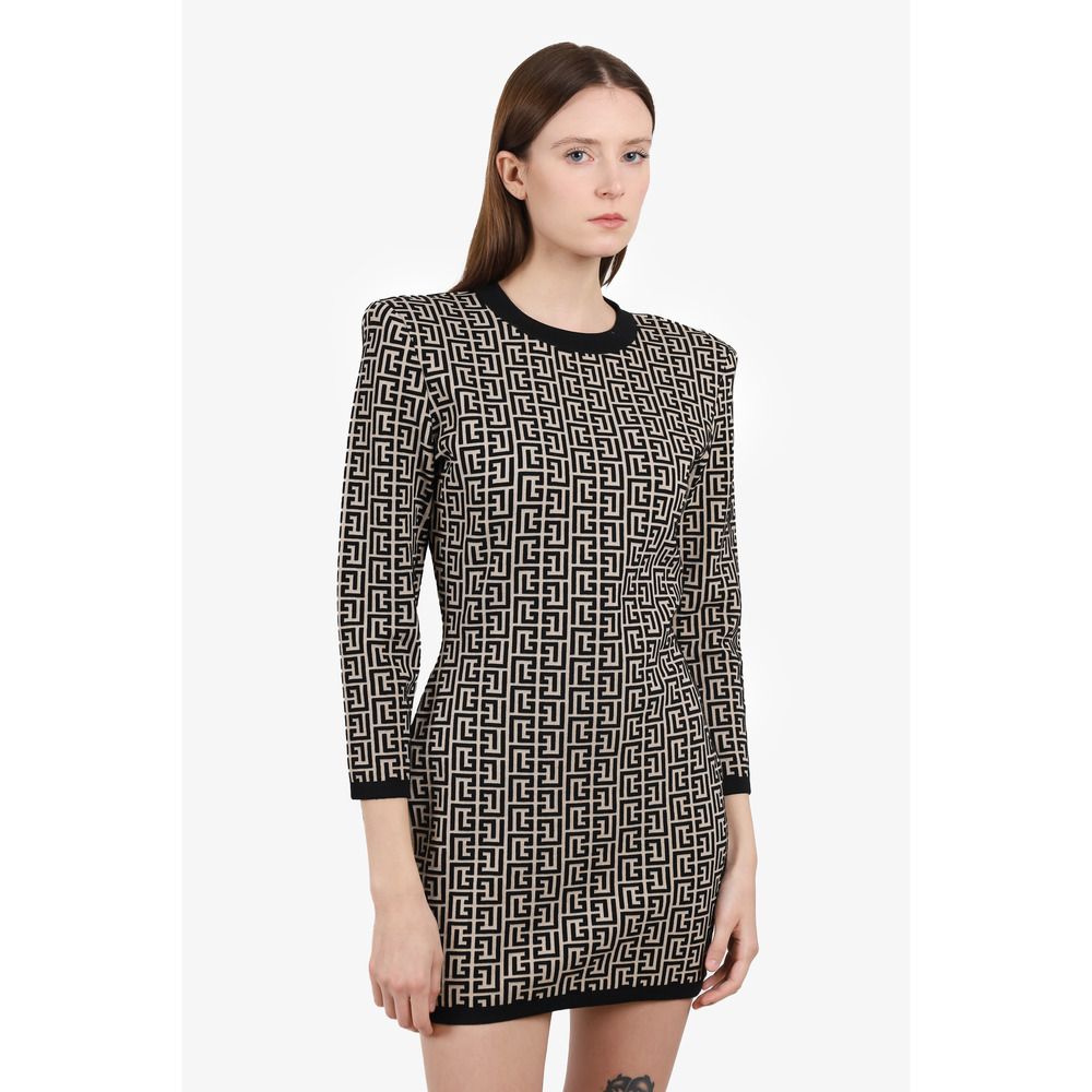 Balmain Black/Cream Wool Monogram Dress Size 42